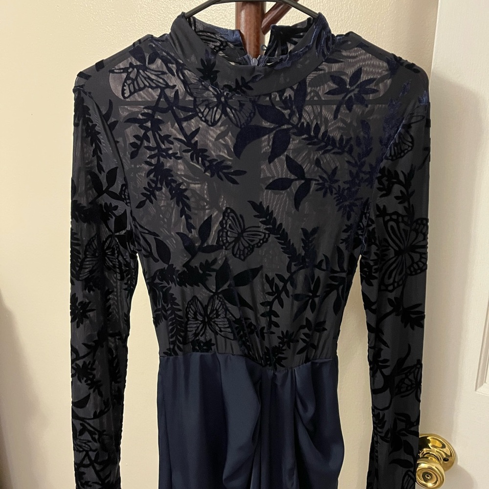 Blue and Black Sheath Dress with Mock Neck and Long Sleeves